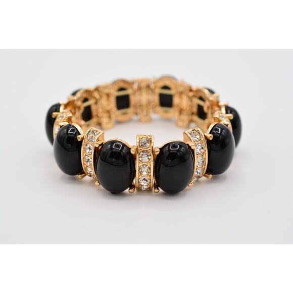 Stretchy Bracelet Black Cabochon Rhinestone Crystal Gold Tone Shiny Bin6 - Picture 11 of 12